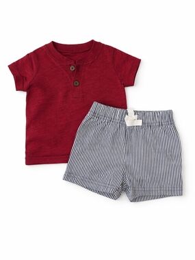 Toddler Red Henley Tee and Navy Stripe Shorts Set